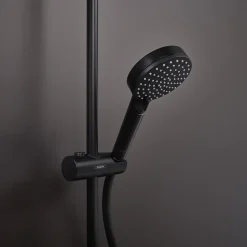 Colonne de douche sans robinetterie avec pommeau + douchette 2 jets + flexible + barre réglable, noir mat, Hansgrohe Vernis Shape