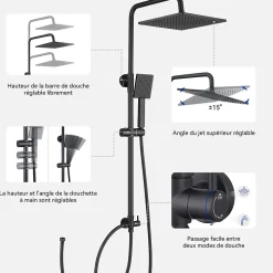 Colonne de douche sans robinetterie avec pommeau + douchette+ flexible + barre réglable, Noir