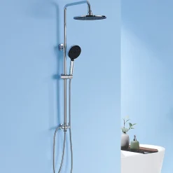 Colonne de douche sans robinetterie avec pommeau + douchette 4 jets + flexible + barre réglable, chromé