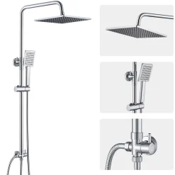 Colonne de douche sans robinetterie avec pommeau + douchette + flexible + barre réglable, chromé