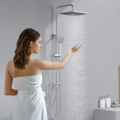 Colonne de douche sans robinetterie avec pommeau + douchette + flexible + barre réglable, chromé