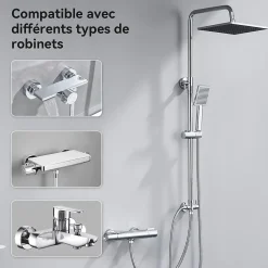 Colonne de douche sans robinetterie avec pommeau + douchette+ flexible + barre réglable, chrome