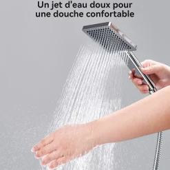 Colonne de douche sans robinetterie avec pommeau + douchette+ flexible + barre réglable, chrome
