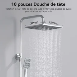 Colonne de douche sans robinetterie avec pommeau + douchette+ flexible + barre réglable, chrome