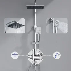 Colonne de douche sans robinetterie avec pommeau + douchette+ flexible + barre réglable, chrome