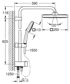 Colonne de douche sans robinetterie avec douchette + pommeau + flexible + barre, chrome carré, Grohe Vitalio Start 250