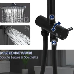 Colonne de Douche sans Robinetterie Effet Pluie avec Douchette 3 Fonctions Noir pour Salle de Bain