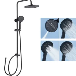 Colonne de douche sans robinetterie avec pommeau + douchette 4 jets + flexible + barre réglable, Noir