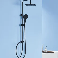 Colonne de douche sans robinetterie avec pommeau + douchette 4 jets + flexible + barre réglable, Noir