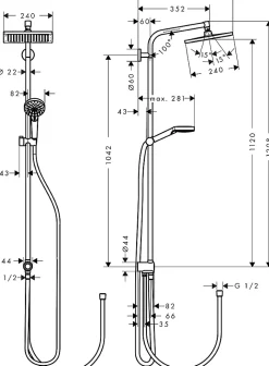 Colonne de douche sans robinetterie avec pommeau + douchette 1 jet + flexible + barre de douche, chrome, Hansgrohe Crometta E