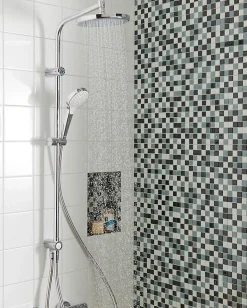 Colonne de douche sans robinetterie avec douchette 3 jets + flexible + barre réglable, chrome, Hansgrohe Reno 220 surface
