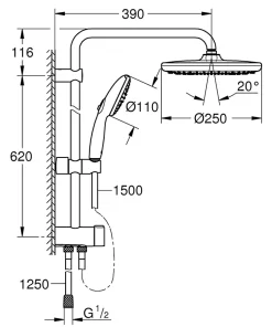 Colonne de douche sans robinetterie avec douchette + pommeau + flexible + barre, chrome rond, Grohe Vitalio Start 250