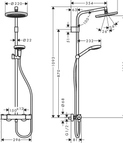 Colonne de douche thermostatique avec pommeau + douchette 3 jets + flexible + barre réglable, chrome, Hansgrohe Waterforms 220