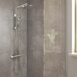 Colonne de douche thermostatique avec pommeau + douchette 3 jets + flexible + barre réglable, chrome, Hansgrohe Waterforms 220