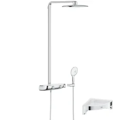 Colonne de douche thermostatique GROHE Rainshower System SmartControl Mono 360 Blanc/chromé + Tablette douche d'angle Start Cube