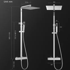 Colonne de Douche Thermostatique Ensemble de Douche Corps en Laiton Hauteur Réglable 855-1105mm Système de Douche