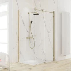 Colonne de douche thermostatique avec pommeau + douchette + flexible + barre réglable, coloris doré, Schulte Rain