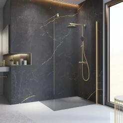Colonne de douche thermostatique avec pommeau + douchette + flexible + barre réglable, coloris doré, Schulte Rain
