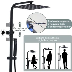 Colonne de Douche Thermostatique Noir Ensemble de Douche Corps en Laiton Hauteur Réglable 855-1105mm Système de Douche