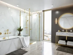 Colonne de douche thermostatique avec pommeau + douchette 1 jet + flexible + barre réglable, doré, Hansgrohe Raindance Select S 240 PowderRain