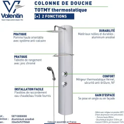 Colonne de douche thermostatique avec tablette, pomme de tête, douchette et flexible, en aluminium anodisé gris, Valentin Totmy