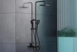 Colonne de douche thermostatique hauteur réglable design + tablette acier inox + mitigeur et pommeau Carrés - Noir mat - BS371