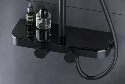 Colonne de douche thermostatique hauteur réglable design + tablette acier inox + mitigeur et pommeau Carrés - Noir mat - BS371