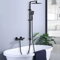 Colonne de Douche Thermostatique Noir Ensemble de Douche Robinet Cascade pour Baignoire Laiton Set de Douche Hauteur Réglable