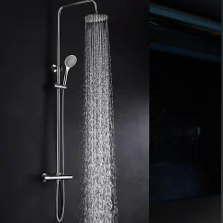 Colonne de douche thermostatique chrome acier et laiton avec douchette reglable et robinet securise