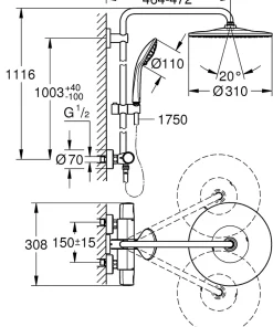 Colonne de douche thermostatique chromé Grohe Vitalio 310