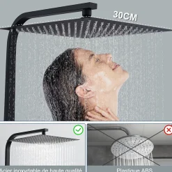 Colonne de Douche Thermostatique Securite 38C Jet Pluie Hauteur Reglable 855 a 1105 mm Acier Inoxydable Noir pour Salle de Bain