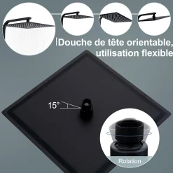 Colonne de Douche Thermostatique Securite 38C Jet Pluie Hauteur Reglable 855 a 1105 mm Acier Inoxydable Noir pour Salle de Bain