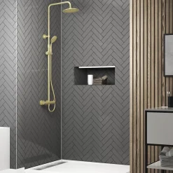 Colonne de douche thermostatique avec pommeau + douchette 2 jets + flexible + barre réglable, doré brossé, Galedo Arty