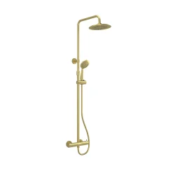 Colonne de douche thermostatique avec pommeau + douchette 2 jets + flexible + barre réglable, doré brossé, Galedo Arty