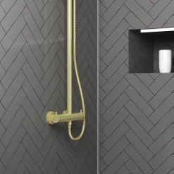Colonne de douche thermostatique avec pommeau + douchette 2 jets + flexible + barre réglable, doré brossé, Galedo Arty