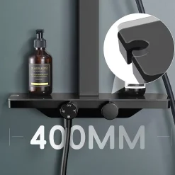 Colonne de Douche Thermostatique Étagère en Verre avec Cascade Douchette 3 Jets Pommeau de Douche Pluie 300 x 200 mm Noire