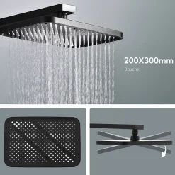 Colonne de Douche Thermostatique Étagère en Verre avec Cascade Douchette 3 Jets Pommeau de Douche Pluie 300 x 200 mm Noire