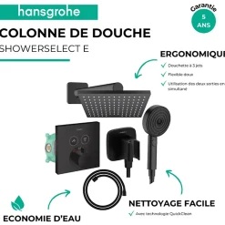 Colonne de douche thermostatique HANSGROHE ShowerSelect E Douche de tête Vernis Shape Flexible Designflex Douchette Pulsify noir