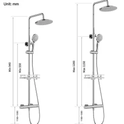 Colonne de Douche Thermostatique Hauteur Reglable 940 a 1200 mm Jet Pluie avec Tablette Finition Chrome pour Salle de Bain