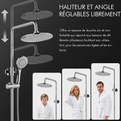 Colonne de Douche Thermostatique Hauteur Reglable 940 a 1200 mm Jet Pluie avec Tablette Finition Chrome pour Salle de Bain