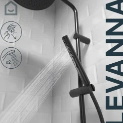 Colonne de douche thermostatique avec pommeau, douchette 2 jets, flexible, barre réglable, noir, GoodHome Levanna