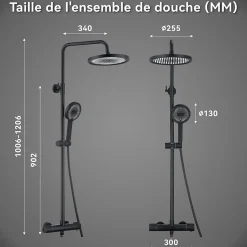 Colonne de Douche Thermostatique Securite 38C Jet Pluie Hauteur Reglable 1006 a 1206 mm Acier Inoxydable Noir Pour Salle de Bain