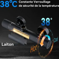 Colonne de Douche Thermostatique Securite 38C Jet Pluie Hauteur Reglable 1006 a 1206 mm Acier Inoxydable Noir Pour Salle de Bain