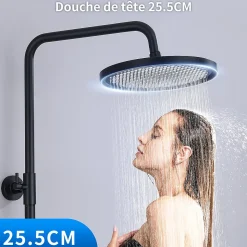 Colonne de Douche Thermostatique Securite 38C Jet Pluie Hauteur Reglable 1006 a 1206 mm Acier Inoxydable Noir Pour Salle de Bain