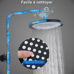 Colonne de Douche Thermostatique Securite 38C Jet Pluie Hauteur Reglable 1006 a 1206 mm Acier Inoxydable Noir Pour Salle de Bain
