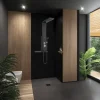 Colonne de douche thermostatique hydromassante avec tablette, pomme de tête, douchette et flexible, en aluminium anodisé noir, Valentin Dune