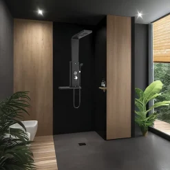 Colonne de douche thermostatique hydromassante avec tablette, pomme de tête, douchette et flexible, en aluminium anodisé noir, Valentin Dune