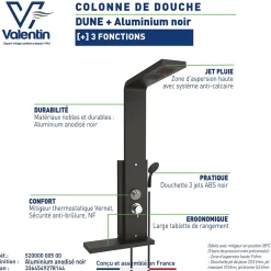 Colonne de douche thermostatique hydromassante avec tablette, pomme de tête, douchette et flexible, en aluminium anodisé noir, Valentin Dune