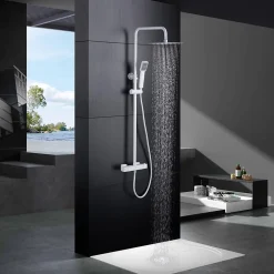 Colonne de douche thermostatique acier et laiton finition blanche avec douchette extensible