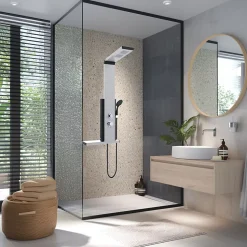 Colonne de douche thermostatique hydromassante avec tablette, pomme de tête, douchette et flexible, en aluminium anodisé gris, Valentin Dune